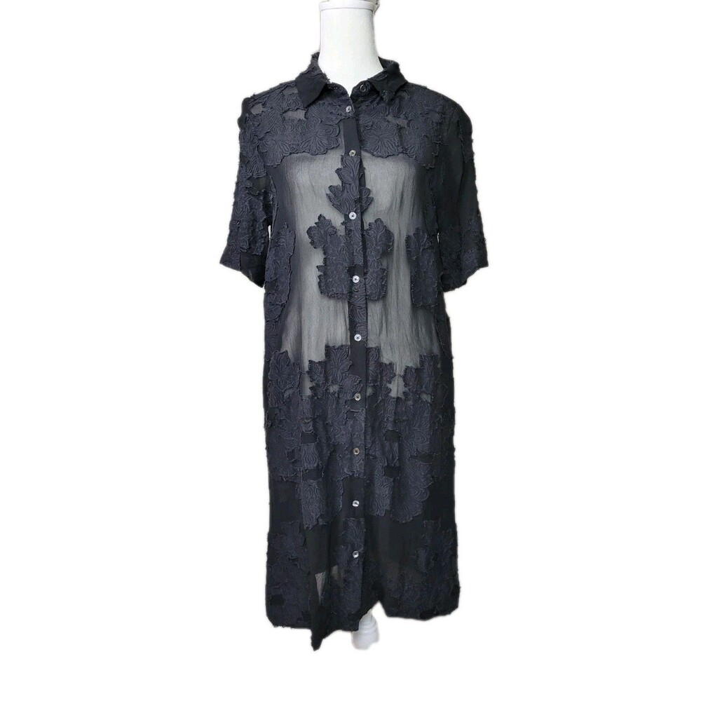 Aritzia Wilfred Hemistiche Blayze Distressed Floral Shirt Dress Sz Medium Black